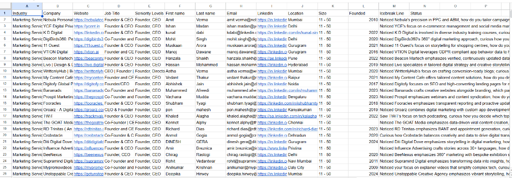 Qualified leads automatically populated in Google Sheets by n8n — showing industry, company, website, job title, email, LinkedIn, icebreaker and status columns
