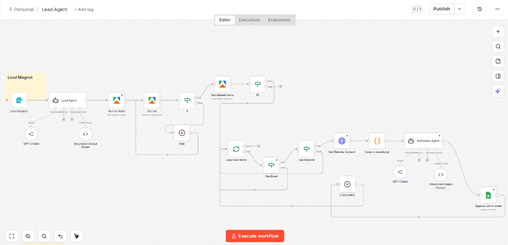 n8n Lead Agent workflow showing the lead magnet automation — Lead Scraper, Lead Agent, Run Actor, conditional branching, icebreaker agent and Google Sheets output