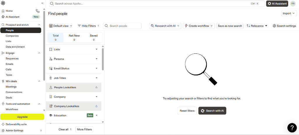 Apollo.io dashboard showing the 'Find People' interface with filters for lists, personas, job titles, and more.