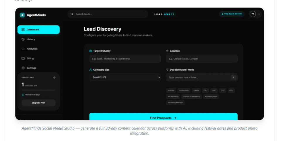 Lead Swift by AgentMinds — AI-powered B2B lead discovery dashboard showing Target Industry, Location, Company Size and Decision Maker Roles filters